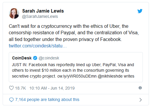 Не могу дождаться криптовалюты с этикой Uber, цензурой PayPal, и централизацией Visa, объединенных общеизвестной приватностью Facebook