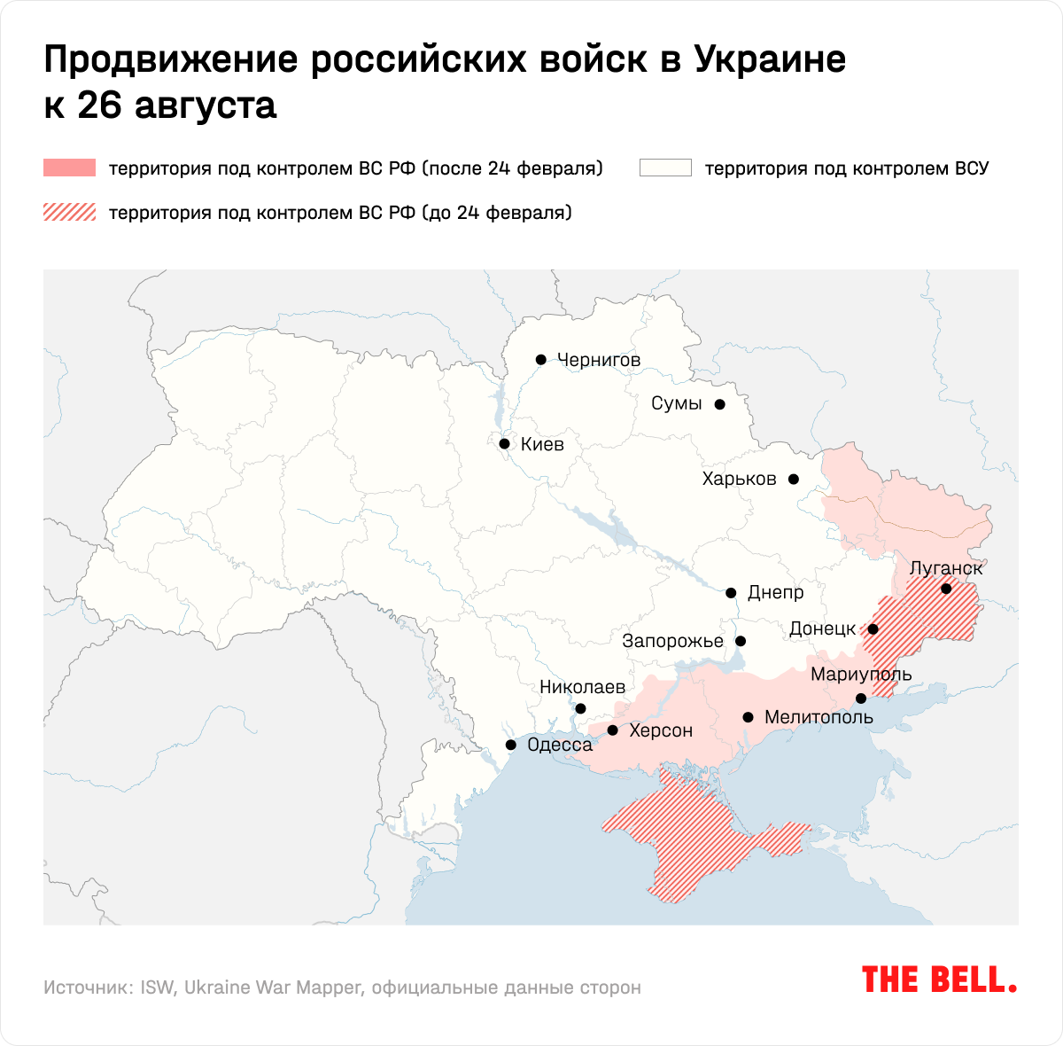 На этой неделе с момента вторжения российских войск в Украину исполнилось полгода. Краткие итоги анализирует The Bell